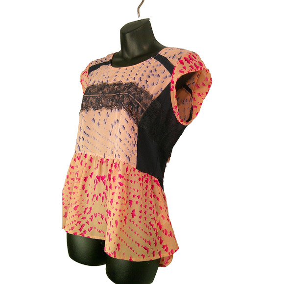 Maeve Anthropologie Women's XS Blouse Blush Pink Sheer, Lace Navy Round Neck - Picture 2 of 6